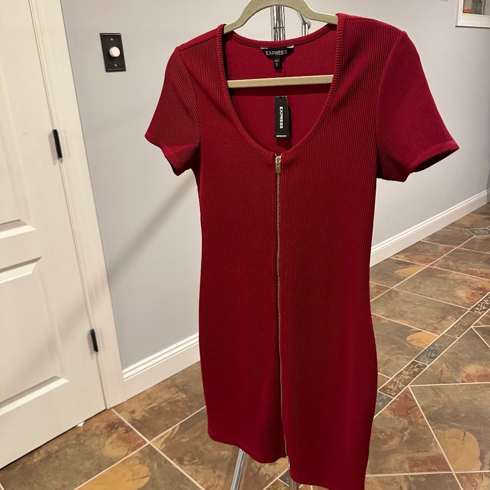 (NWT) Express Maroon Short Sleeved Ribbed Front Zip Bodycon